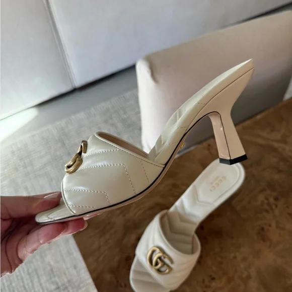 Gucci Cream Quilted GG Logo Heeled Slide Mules - Picture 5 of 7